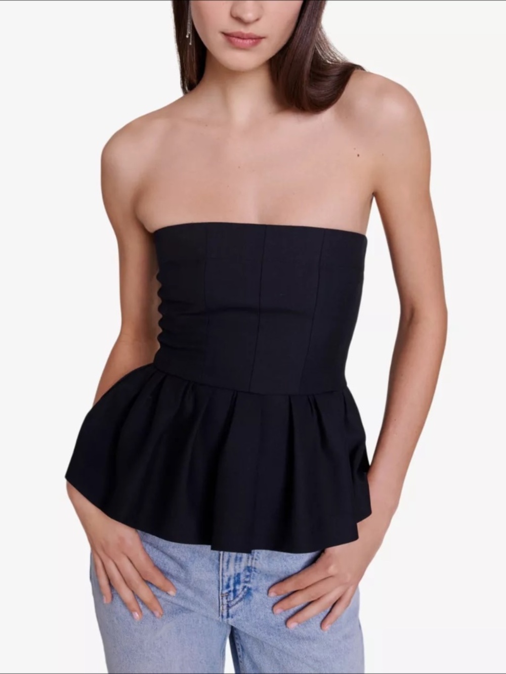 MAJE Strapless Bustier Peplum Top in Black**
